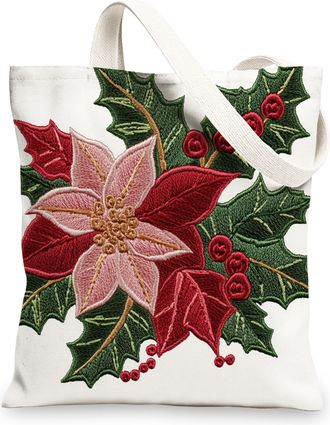 Generic Knitting Christmas Poinsettia Canvas Tote Bag for Shopping 13x15, Fun Xmas Plant Reusable Grocery Print Bag for Women, Holiday New Year Beach Aestheti