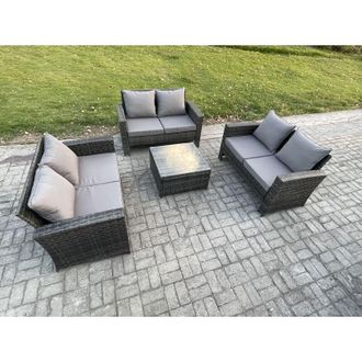 Fimous Fimous 6 Seater Rattan Wicker Garden Furniture Patio Conservatory Sofa Set with Square Coffee Table Double Seat Sofa