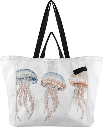 Generic Jellyfish White print Reusable Canvas Tote Bag, Heavy Duty Grocery Shopping Bag with Hard Bottom Large Capacity Double Handles Work Groceries Travel