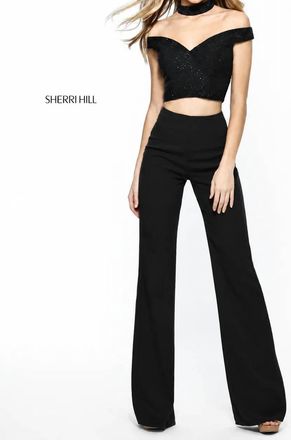 Sherri Hill Sequins Crop Top And Crepe Pants Set In Black