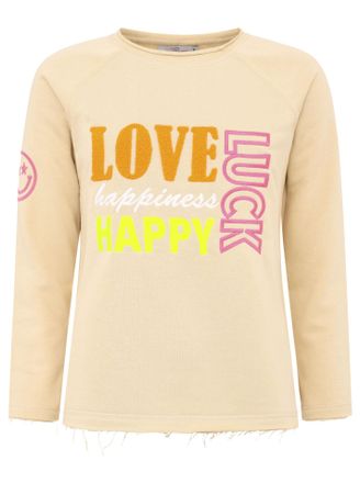 Zwillingsherz Sweater ZWILLINGSHERZ Love Luck Happy, Damen, Gr. L/XL (L/XL), beige, Sweatware, Obermaterial: 50% Baumwolle, 50% Polyester, comfort fit h&uuml;ftlang, Run