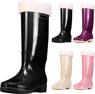 Generic Women Wellington Rain Boots, Knee High Wellies Boots with Plush Lined, Winter Warm Comfortable Chelsea Rainboots Waterproof Non-Slip Gardening Rain Sh