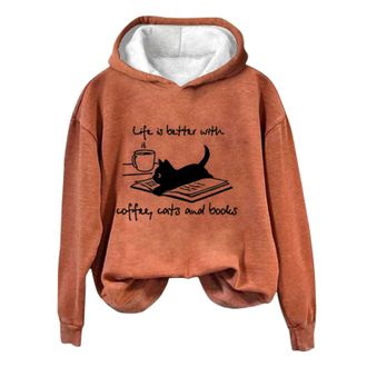 Generic Deals of The Day Sale Black of Friday Women Hoodies Coffee Cat And Book Print Sweatshirts Hooded Solid Solor Loose Fit Blouse Tops 2024 Fall Warm Thic