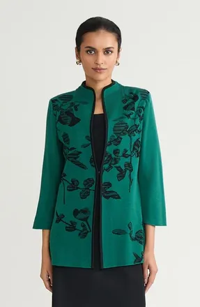Ming Wang Heritage Contrast Trim Floral Jacquard Knit Jacket in Everest/black at Nordstrom, Size Large P