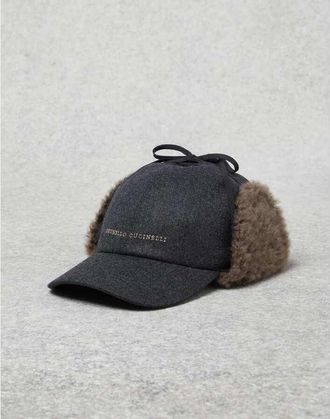 Brunello Cucinelli WomenS Charcoal Wool Hat With Shearling Ear Flaps, Size S