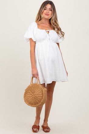 Pinkblush Textured Bubble Sleeve Maternity Mini Dress in White at Nordstrom, Size Large