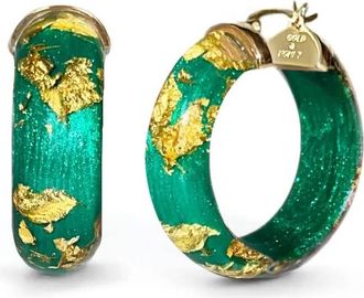 Gold & Honey Womens Mini Lucite Hoop Earrings In Dark Green Gold Leaf