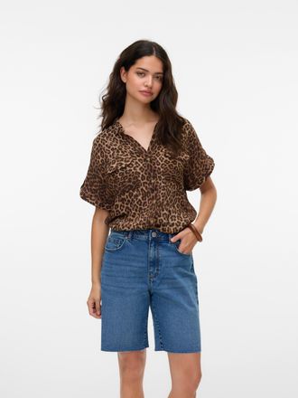 Vero Moda Kurzarmbluse VERO MODA VMBUMPY SS SHIRT AOP WVN GA NOOS, Damen, Gr. S, silber mink aop:vmd leopard, Web, Obermaterial: 100% Viskose, animal-print, bed