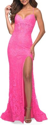 La Femme Neon Lace Prom Gown With Sheer Bodice and Tie Up Back in Neon Pink at Nordstrom, Size 10