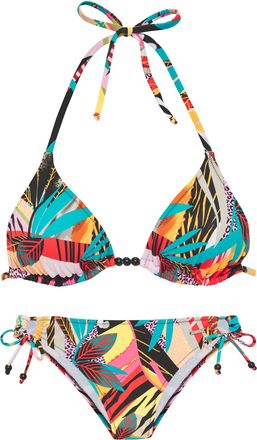 Bruno Banani Triangel-Bikini BRUNO BANANI Onyx, Damen, Gr. 34, Cup A/B, bunt, Polyamid, bedruckt, Bikini-Sets Triangel-Bikini, mit Perlen-Accessoires