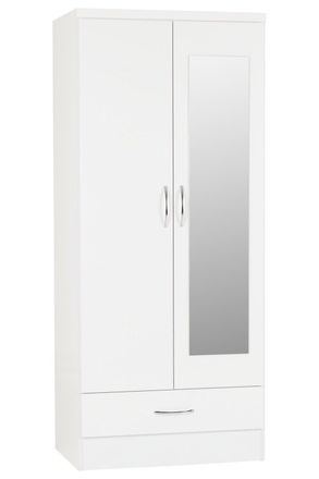 Seconique Nevada Mirrored 2 Door 1 Drawer Wardrobe in White