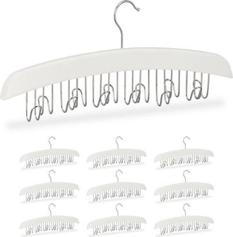 Relaxdays Set 10 Perchas Cinturones 12 Ganchos, Colgador Giro 360&deg; Para Accesorios, Madera, 17,5 X 43 X 5,5 Cm, Blanco Y Plateado