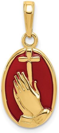 Diamond2Deal 14k Yellow Gold Red Enamel Praying Hands and Cross Oval Pendant