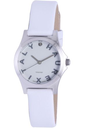Haurex WoMens 6A505DSW Mini City Diamond-Accented Stainless Steel Watch with White Leather Band - One Size
