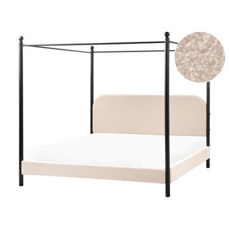 Beliani Cama Con Dosel De Metal Negro Retro Minimalista Somier De Listones Madera De &Aacute;lamo Tapicer&iacute;a De Boucl&eacute; Beige 180 X 200 Cm Dannemois