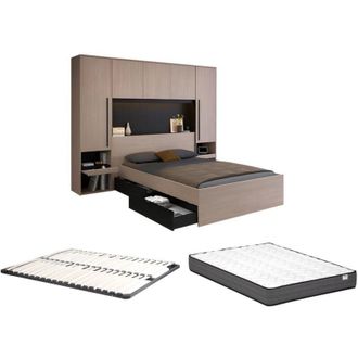 Vente-Unique Letto con vani portaoggetti 160 x 200 cm Con LED Naturale e Nero + Rete + Materasso - VELONA