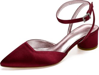 Generic Wedding Sandals Womens Low Block Heels Sandals Bridal Pointed Toe Slingback Ankle Strap Dress Party Heels 4.5,Burgundy,5 UK