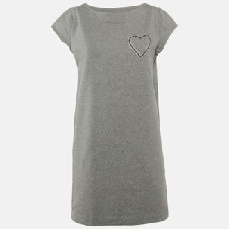 Love Moschino Grey Logo Embellished Cotton Knit Mini Dress