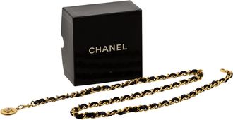 Chanel Black Leather Woven Gold Plated CC Medallion Chain Belt