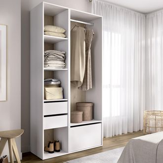 Dmora Armario Grande Cornwell, Dormitorio 6 Estantes, Perchero, 2 Cajones, 45x205h Cm Blanco