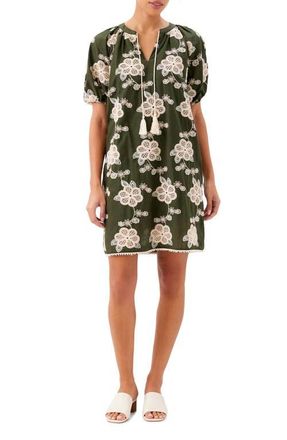 Karen Kane Embroidered Puff Sleeve Tassel Tie Dress in Olive/Natural at Nordstrom, Size X-Small