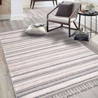 Carpet City Hochflor-Teppich »Valencia 807« rechteckig 20 mm Höhe Läufer, Boho-Stil, 3D-Effekt, Streifen, Hoch-Tief-Struktur, Fransen
