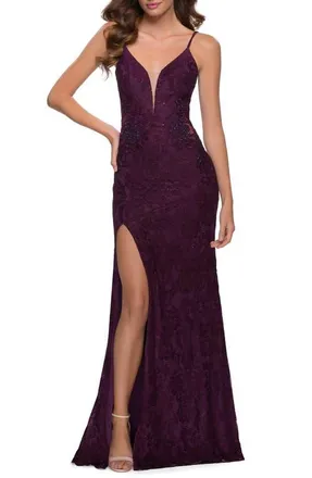 La Femme Chic Long Stretch Lace Gown with Sheer Rhinestone Back in Dark Berry at Nordstrom, Size 00