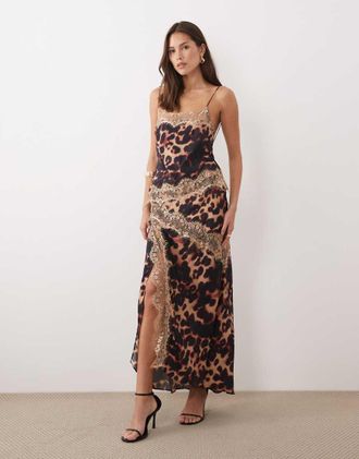Asos Vestito al polpaccio con rivestimento in pizzo e dettaglio sul retro con stampa leopardata-Multicolore
