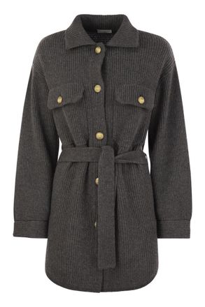 Brunello Cucinelli Brunello Cucinelli Womens Cardigan In Virgin Wool Cashmere And Silk English Rib With Metal Buttons And Belt - Grey - Size Medium