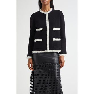 Emporio Armani Oversize Fringe Trim Jacket in Black at Nordstrom, Size 14 Us