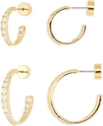 Nordstrom Set of 2 Graduated Cubic Zirconia Hoop Earrings in Clear- Gold at Nordstrom