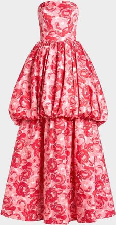 Mac Duggal Floral Brocade Bubble Hem Strapless Gown