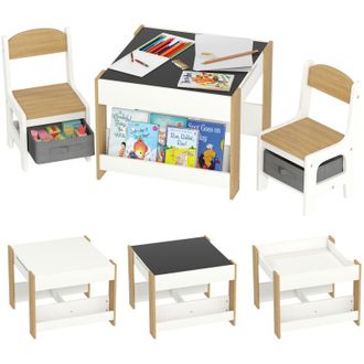 HOMCOM Homcom - Juego De Mesa Y 2 Sillas Infantiles Mesa Con Sillas Para Ni&ntilde;os 3 En 1 Con Pizarra Cajones De Tela Y Espacio De Almacenamiento Blanco Y Natura