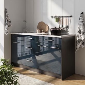 Vicco Bloque De Cocina Fame-line, Azul Oscuro Alto Brillo, 150 Cm, Et Antracita, Vicco