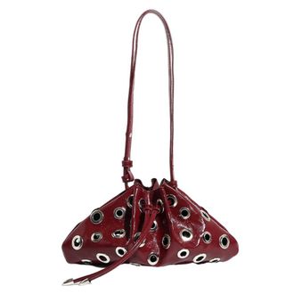 Generic Women Drawstring Sling Bag Rivet Hollow Shoulder Bag Bucket Handbag (Wine Red)