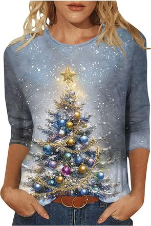 Generic Christmas Tops for Womens Novelty Funny Xmas 3/4 Sleeeve Pullover Lightweight Christmas Tree Sweatshirts Casual Elk Snowman Print Crewneck Blouse Cute
