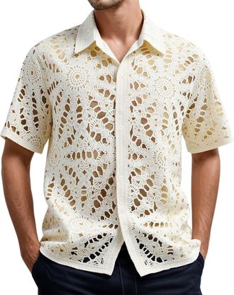 Generic Mens Sheer Openwork Shirts Short Sleeve/Sleeveless Button Down Blouse Casual Collared Beach Top 2024 (Beige, XL)