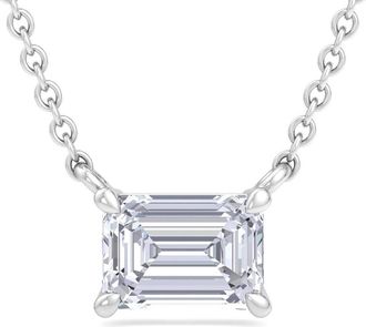 SuperJeweler Emerald Cut Lab Grown Diamond Pendant Necklace in 14K White or Yellow Gold - 1/4 to 7 Carat Total Weight - Classic Solitaire Setting for Women