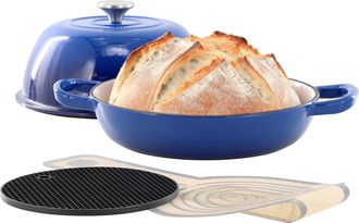MegaChef 6 Quart Enameled Cast Iron Bread Pot in Blue with Baking Mat