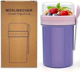 OEM Taza De Desayuno - 450 Ml + 250 Ml - Taza Con Cuchara - Vaso Para Llevar De Cereales - Morado