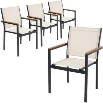 ML Design ML-Design Set di 4 Sedie da Giardino Beige con Braccioli in Legno Naturale, Poltrone in Textilene Traspirante per Terrazzo e Balcone, Struttura in