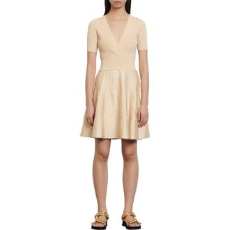 Sandro Espera Mixed Media V-Neck A-Line Dress in Beige at Nordstrom Rack, Size 8 Us / 40 Fr