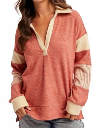 Hem & Thread Brushed Jersey Stripe Mix Color Block Pullover In Vintage Red