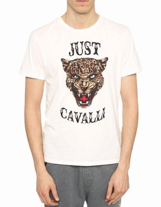 Just Cavalli Mens JUST CAVALLI S01GC0419 Mens T-Shirt Tiger Print Short Sleeve Cotton Half White - Size: 38