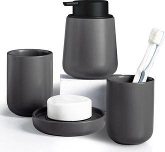 OEM Accesorio Ba&ntilde;o - Cer&aacute;mica - Juego De 4 Piezas Portasavon Dispensador Soporte Cepillo Dientes Vaso - Gris - Para Ba&ntilde;o Y Hogar