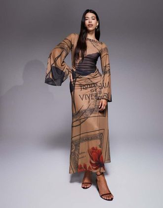 Asos Vestito lungo in rete stampata a fiori con maniche lunghe e drappeggio sul retro-Multicolore