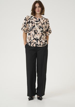 Kaffe Blouse met korte mouwen A-shape Beige/Black/Peach Blurry Leaf beige