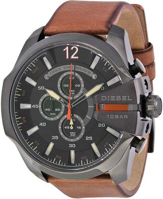 Diesel Mega Chief Black Dial Brown Leather Mens Quartz Watch DZ4343