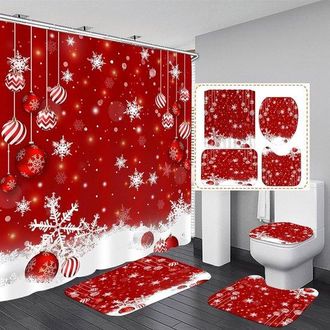 OEM Juego De 4 Piezas De Decoraci&oacute;n Navide&ntilde;a Roja Para Ba&ntilde;o: Cortina De Ducha Con Adornos Navide&ntilde;os, Tem&aacute;tica Invernal Y Nevada, Con 12 Ganchos