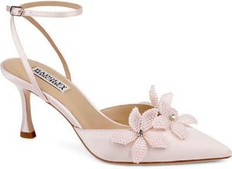 Badgley Mischka Whitman Ankle Strap Pointed Toe Pump in Champagne Satin at Nordstrom, Size 9.5